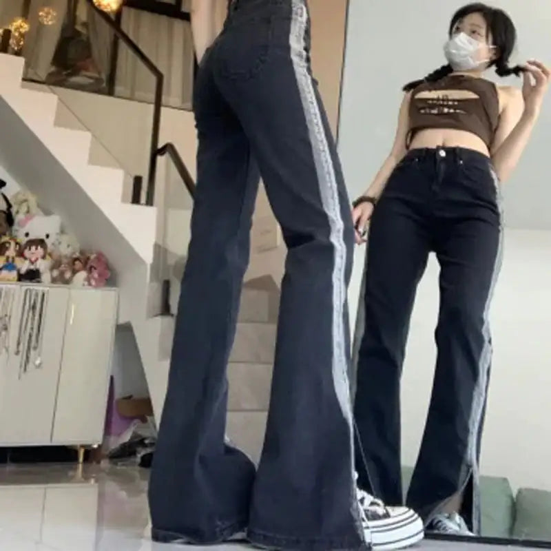 High Waist Black Slit Stretch Jeans for Women