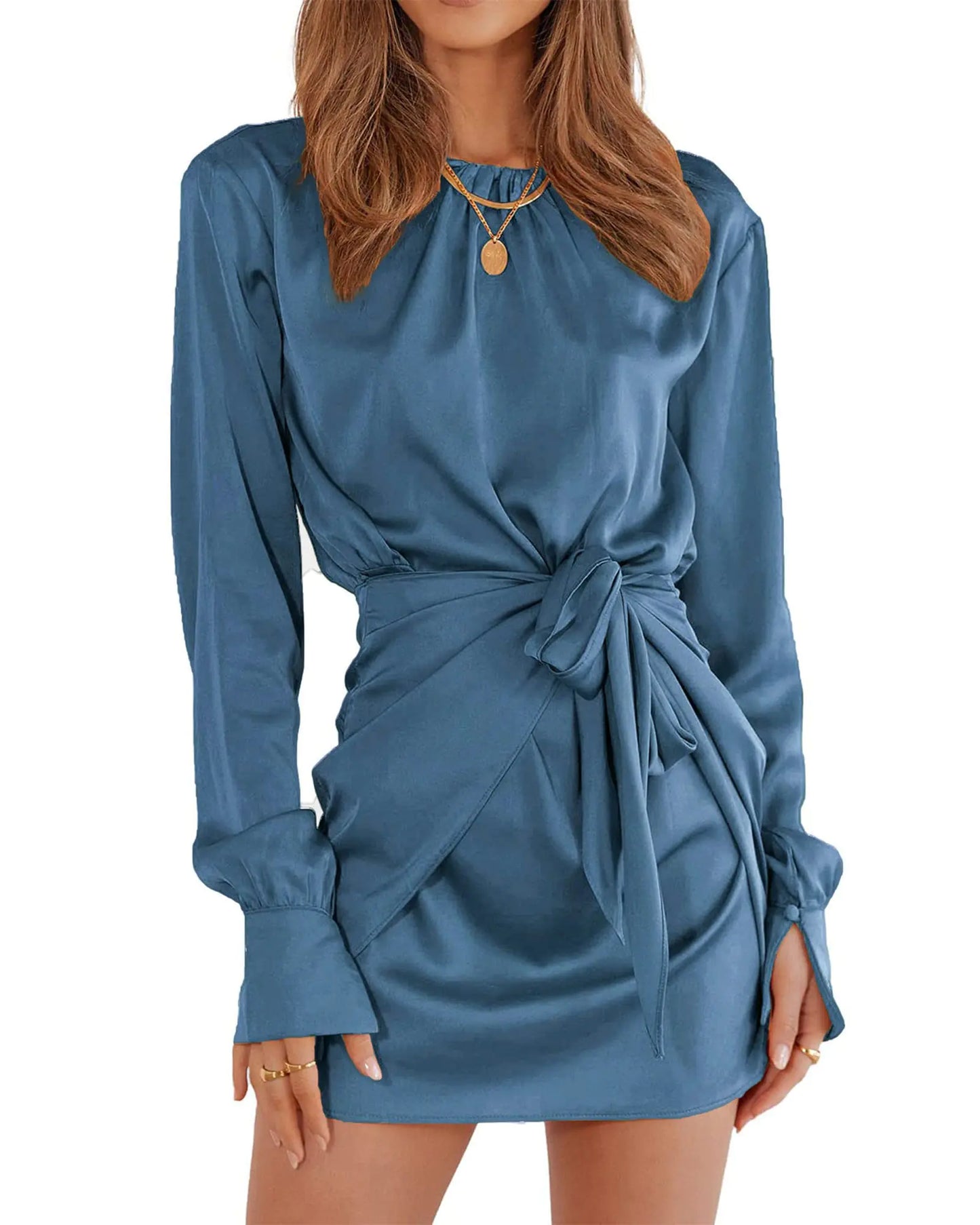 BTFBM Women Casual Long Sleeve Ruched Wrap Dress Crew Neck Tie Waist Short Dresses Solid Party Dresses Satin Cocktail Dress(Solid Dark Grey BlueX-Large)