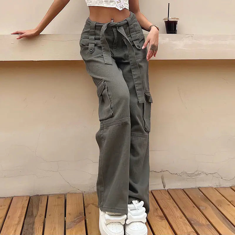 Vintage Multi Pocket Belt Casual Jeans for Women