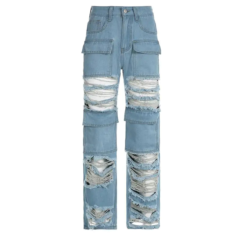 High Waist Zipper Straight Ripped Jeans for Women