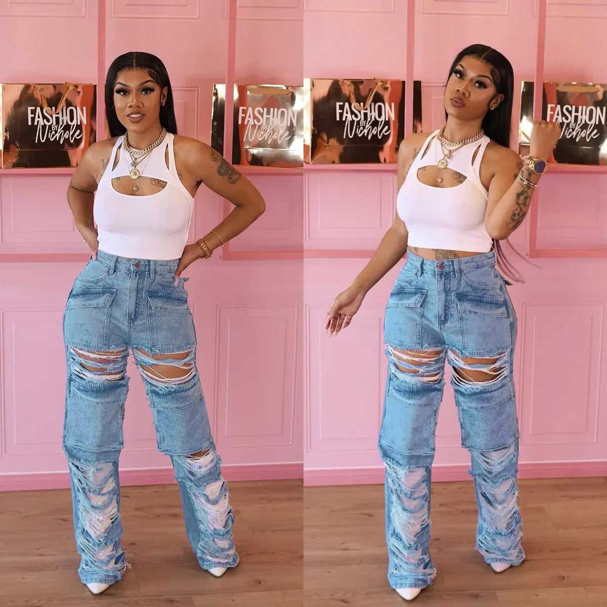 High Waist Zipper Straight Ripped Jeans for Women