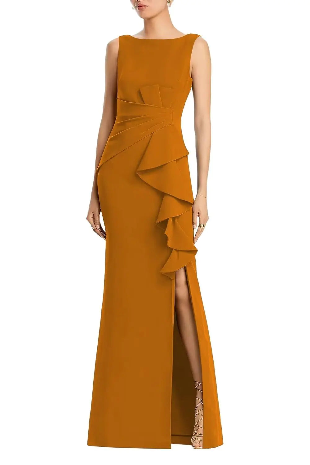 XIUMAO Ruched Satin Formal Dresses 2024 Gold Wedding Guest Dresses for Women Mermaid Maxi Long Slit Maternity Evening Party Gowns 2 Gold