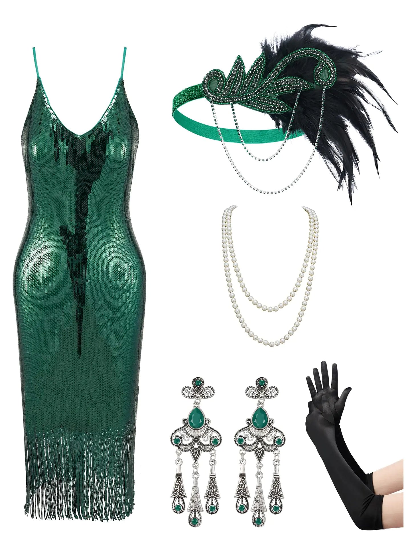 YESSA Flapper Dresses 1920s Gatsby Dresses for Women Roaring 20s Costumes Great Gatsby Outfits with 20s Accessories Set Malachite Green Small