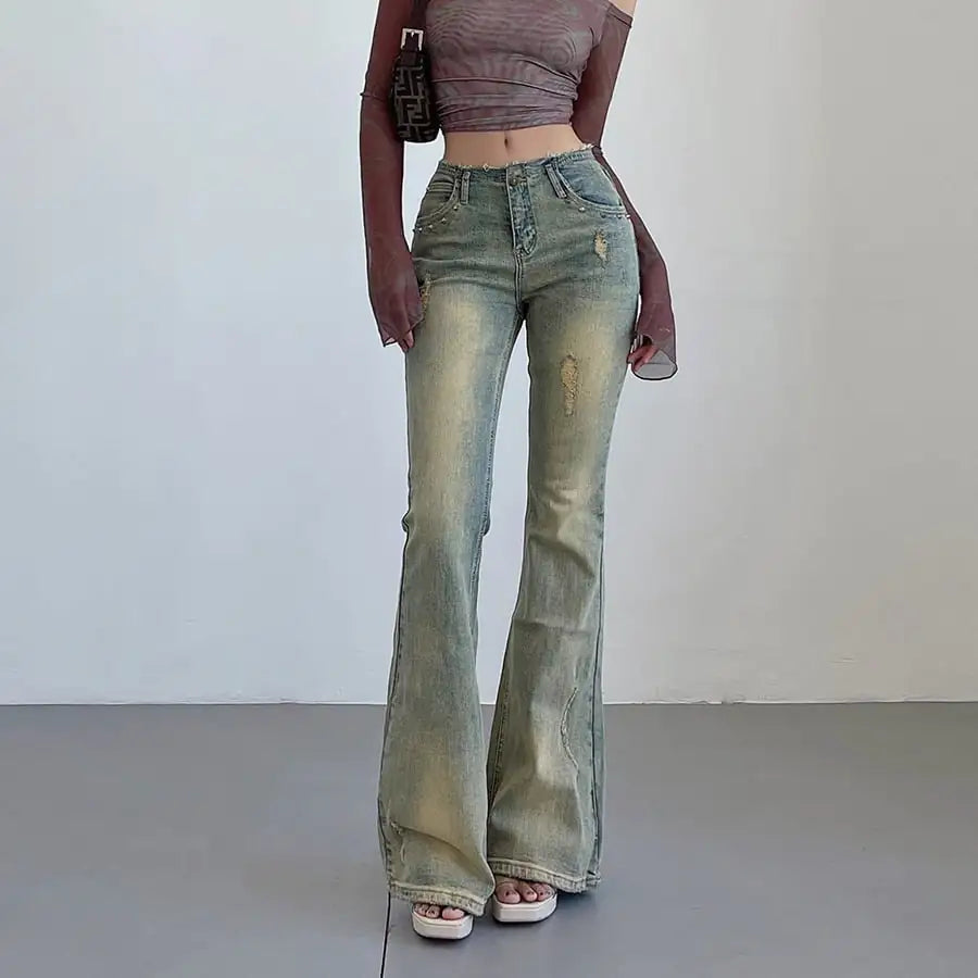 High Waist Flared Jeans with Rivets for Women