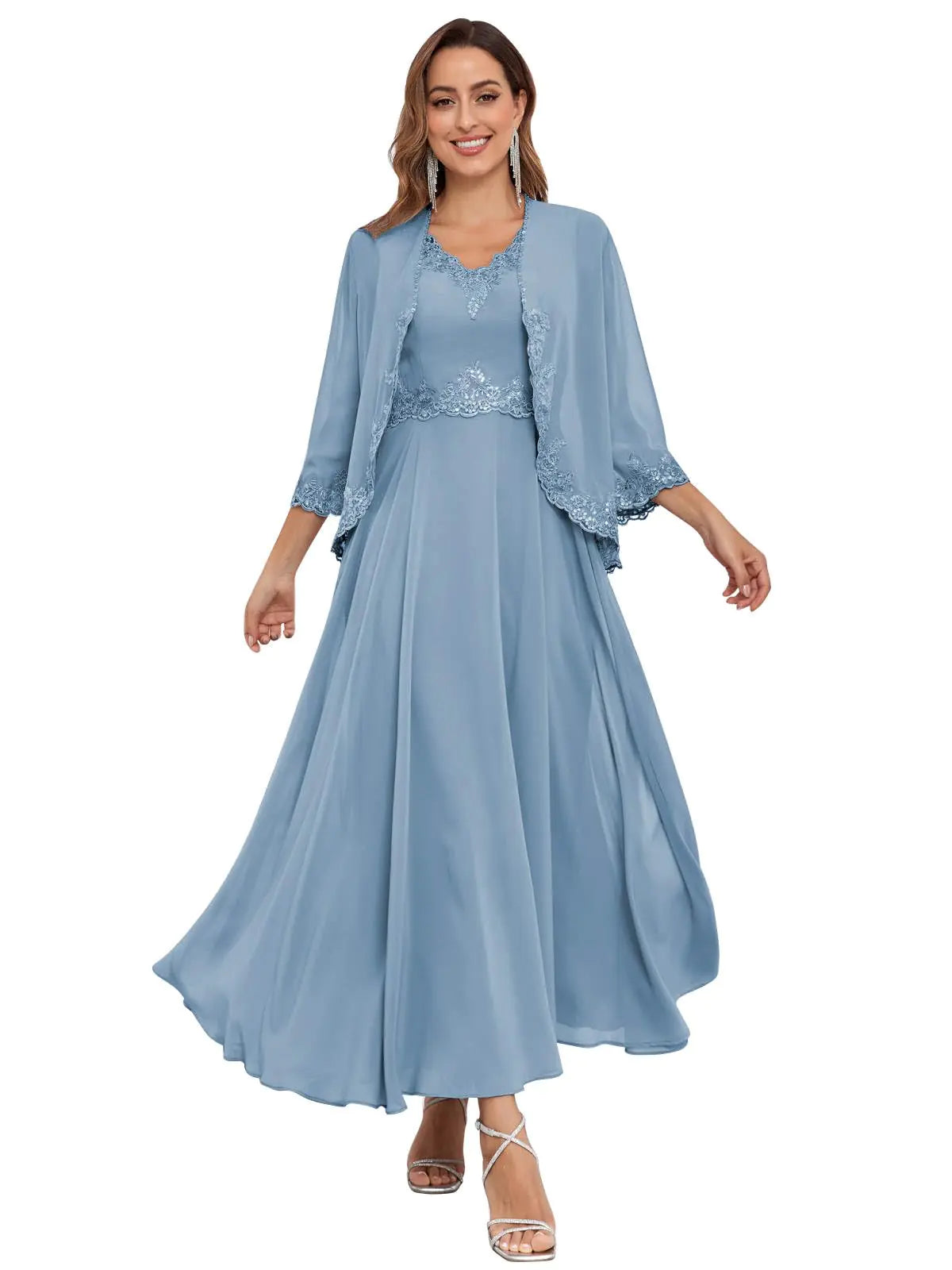 Bolodoo Dusty Blue Mother of The Bride Dresses with Jacket Sequin Lace Chiffon Two Piece Wedding Dresses for Women Size 12