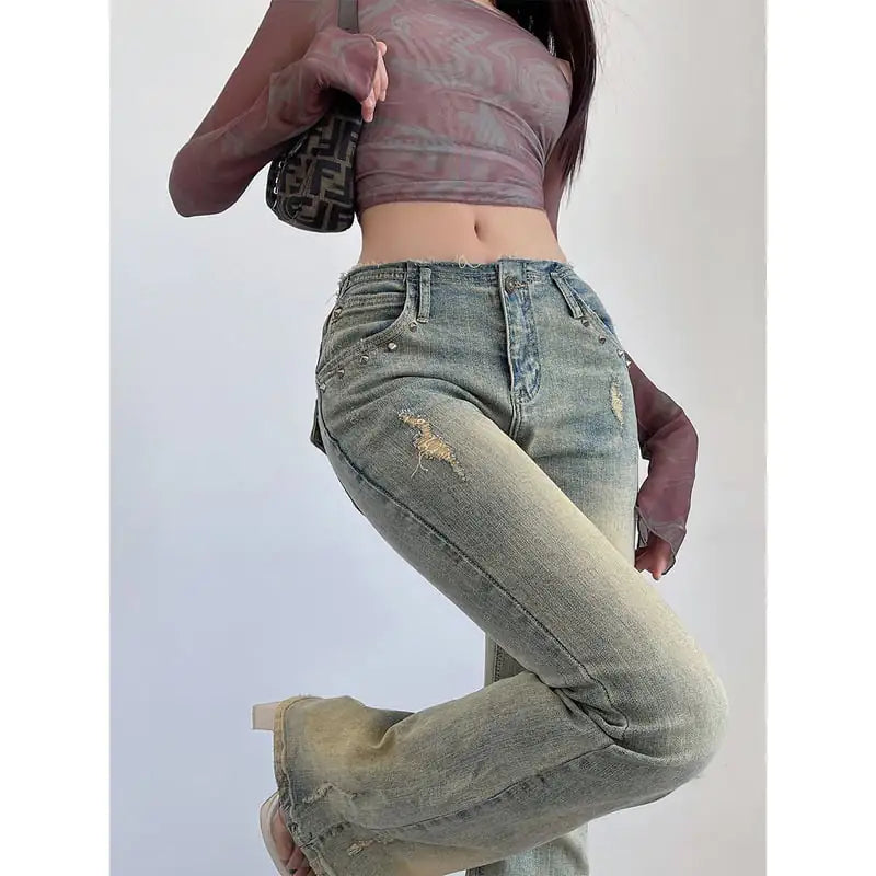 High Waist Flared Jeans with Rivets for Women