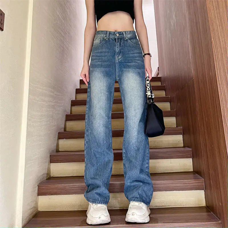 Fashionable Retro High Waist Straight Jeans for Women