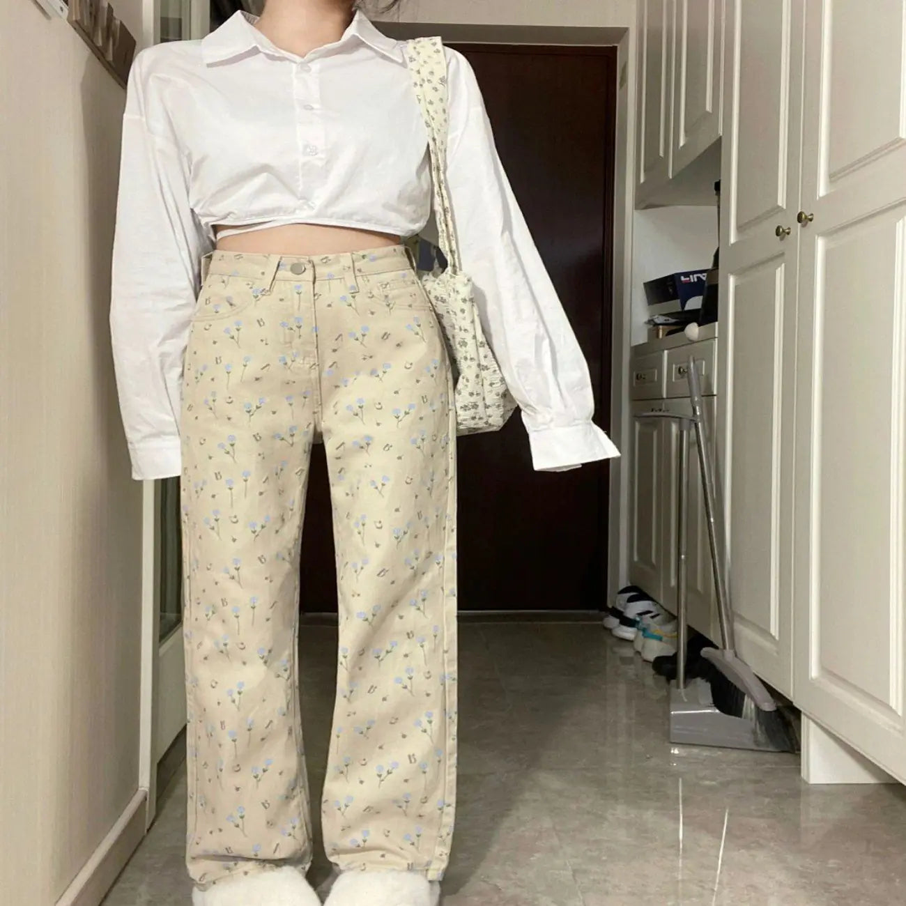 Apricot Floral Wide-Leg Jeans for Women