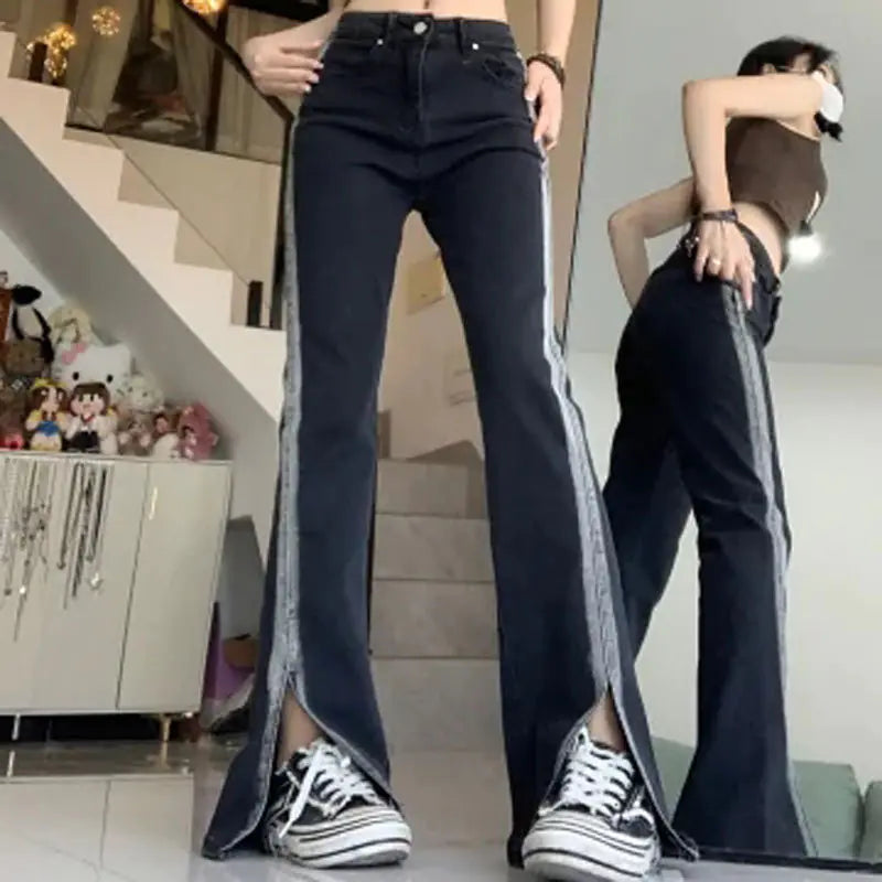 High Waist Black Slit Stretch Jeans for Women