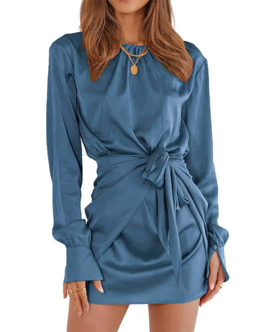 BTFBM Women Casual Long Sleeve Ruched Wrap Dress Crew Neck Tie Waist Short Dresses Solid Party Dresses Satin Cocktail Dress(Solid Dark Grey BlueX-Large)