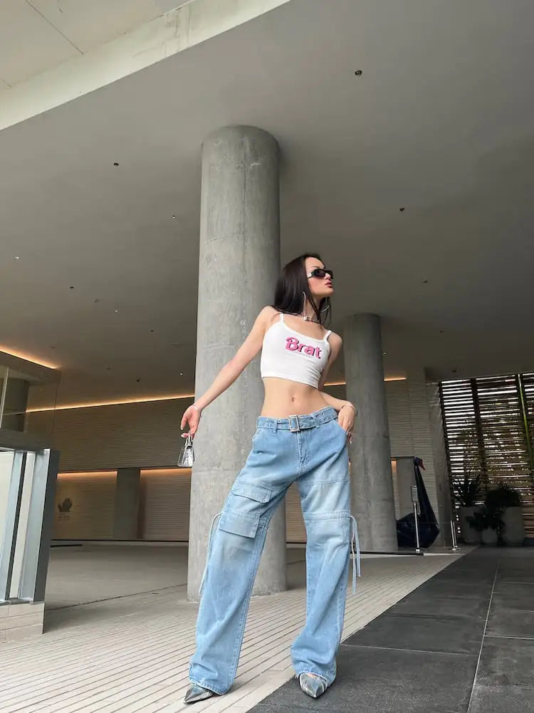 Light Blue Wide-leg Tooling Jeans for Women