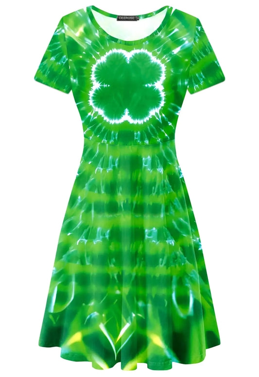 Women St Patricks Day Dress Lucky Charm Green Dresses Irish Clover Tie Dye Print Dresses S