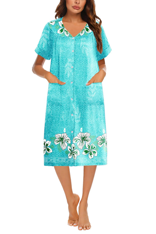 Ekouaer House Dresses for Women with Pockets Button Down Nightgowns Snap Front Moo Moos Mumu Dresses Light Green Floral L