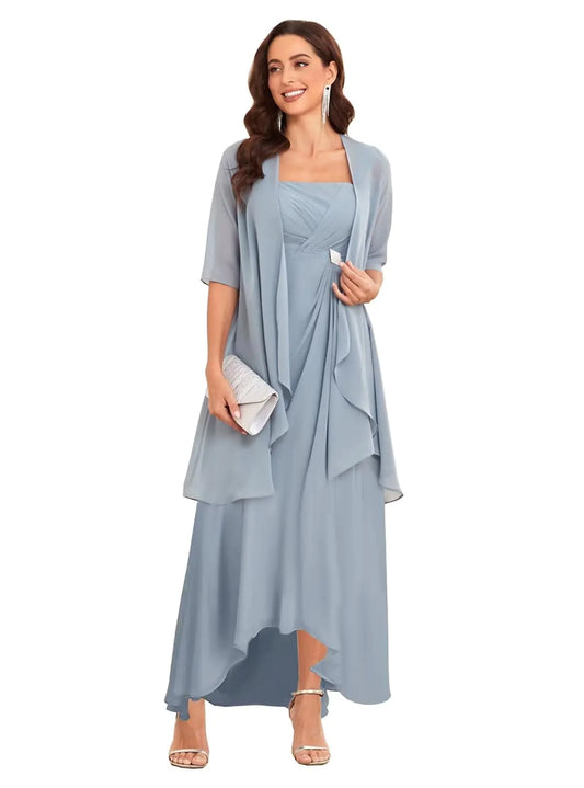 DIYFU Mother of The Bride Dresses for Wedding Tea Length Chiffon Formal Evening Dresses for Women Size 8 Dusty Blue