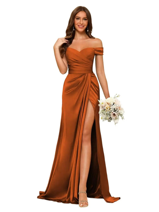 Dessiny Orange Mermaid Bodycon Bridesmaid Dresses Plus Size for Women 2025 Ruched Long Satin Off Shoulder Prom Dresses with Slit US16W