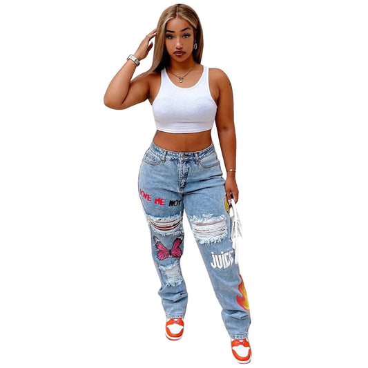 Digital Print Ripped Fashion Jeans for Women