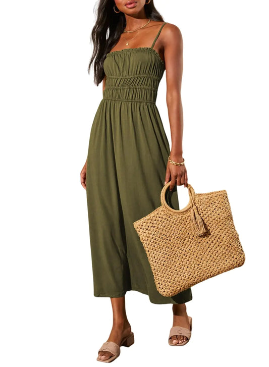 Dokotoo Long Flowy Dresses for Women Summer Adjustable Spaghetti Strap Sleeveless Dresses for Women 2024 Green Medium