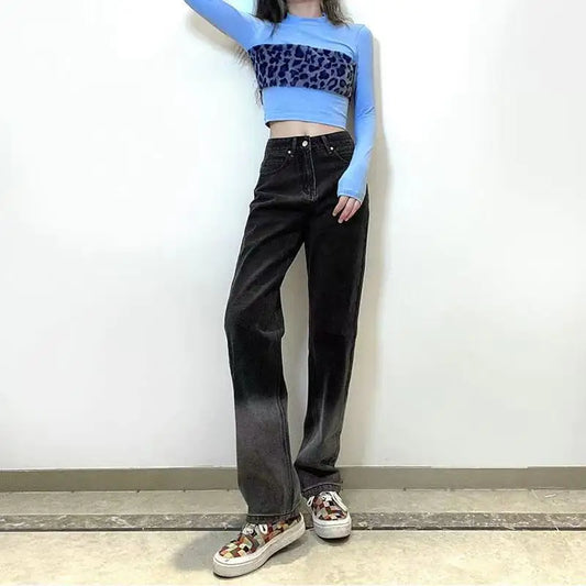 High Waist Gradient Black Jeans for Women