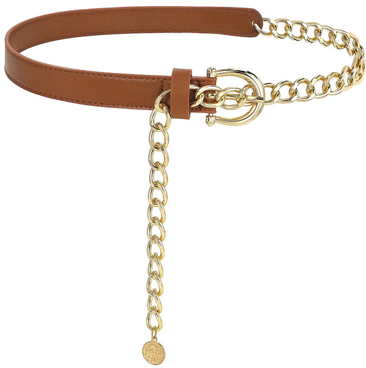 Suyi Women PU Leather Belt Waist Chain Belt for Dresses 150CM Brown Gold