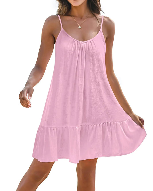 Yonique Women Beach Cover Up Dresses Spaghetti Strap Dresses Summer Coverups Casual Sundresses with Ruffle Hem Pink XL