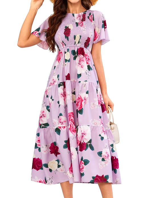 VIDUSSA Summer Midi Dresses for Women - Boho Floral Flutter Short Sleeve Crew Neck Smocked Tiered Flowy Long Sun Dresses Pink XXL