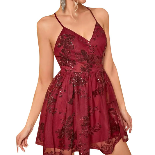 Short Prom Dresses for Teens Sequin Party Dress for Women Girls School Dance HOCO Dress Sparkly Spaghetti Crisscross Straps A Line Skater Dresses Mini Homecoming Dresses Short Summer Wine Red M