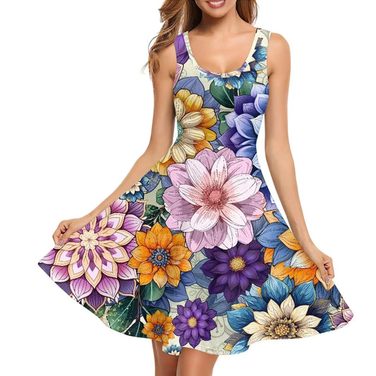 Dreaweet Boho Dresses for Women Mandala Lotus Short Sleeve Spring Summer Midi Dress 2024 Flower Print Casual Sun Dresses Crew Neck A Line Swing Skater Skirt