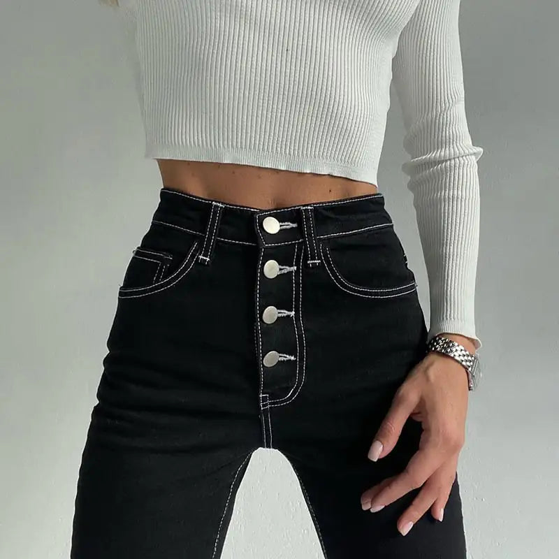 Exposed Black Straight-Leg Jeans for Women
