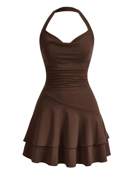 SOLY HUX Holiday Dresses for Women Halter Dresses Mini Sundress Sexy Flowy Christmas Dress Cocktail Party Short Dress Chocolate Brown X-Small
