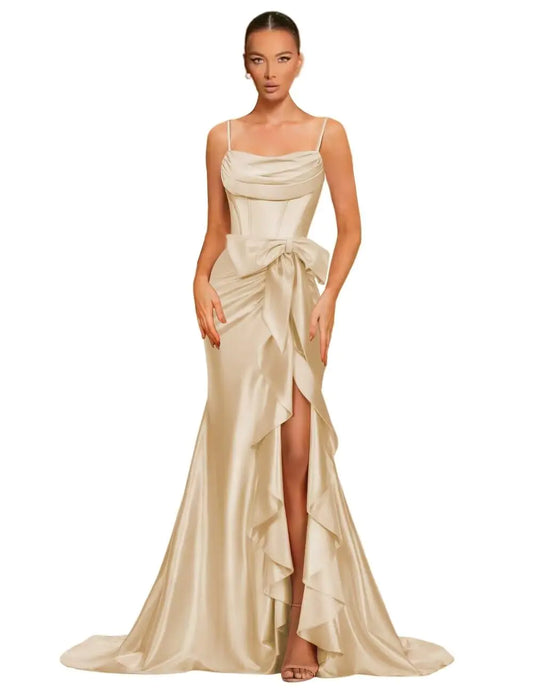 Dessiny Spaghetti Straps Prom Dresses 2025 Side Bow Champagne Long Mermaid Satin Prom Dresses Corset Pleated Ball Gown Bridesmaid Dress for Women US6