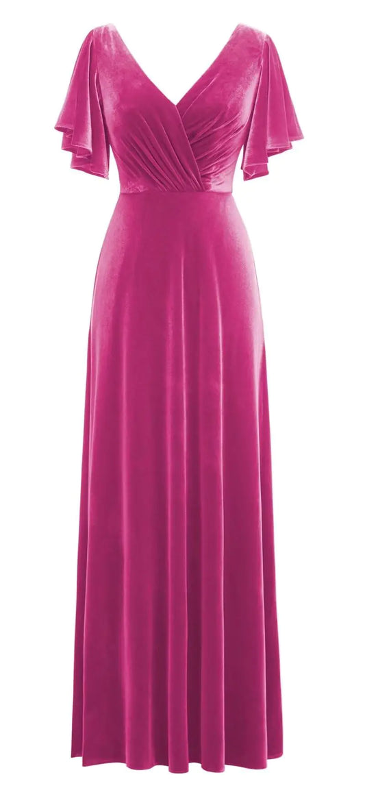 Flutter Sleeve Velvet Bridesmaids Dresses V Neck Women Wedding Long Bridesmaid Dresses for Fall Fuchsia Size 10