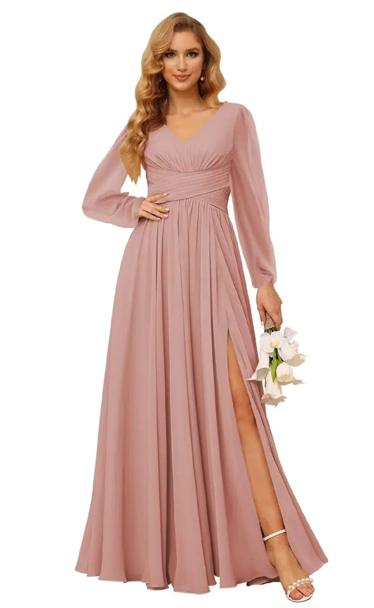 Dessiny V Neck Bridesmaid Dresses Dusty Rose for Women with Pockets Pleated Split Long Sleeves Bridesmaid Dresses Chiffon Formal Evening Dress with Slit US6