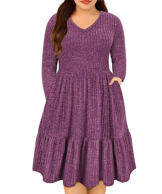 CARCOS Plus Size Dresses for Women Deep Purple Long Sleeve Sweater Dresses 2024 Elegant V Neck Fall Winter Ruffle Swing Dresses with Pocket Knee Long Lightweight T Shirt Dress 4X 24W 26W