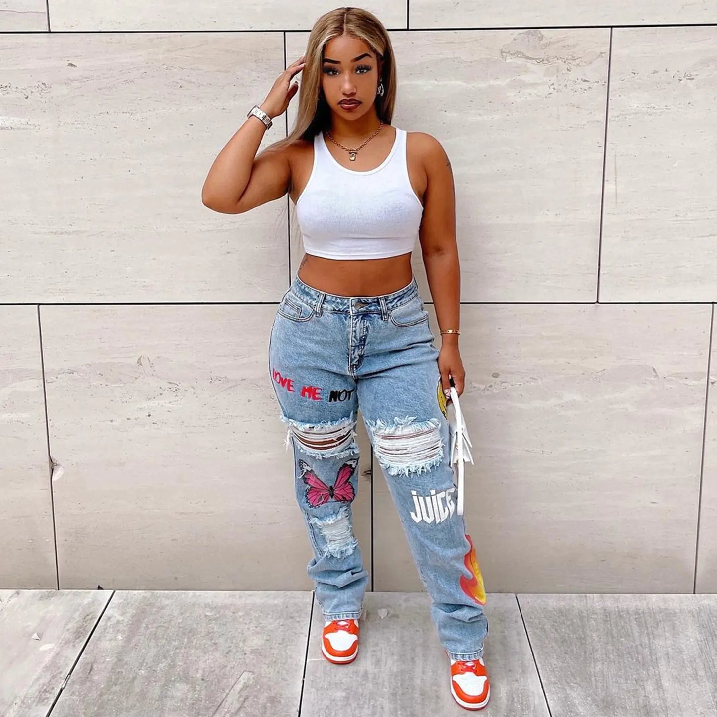 Digital Print Ripped Fashion Jeans for Women