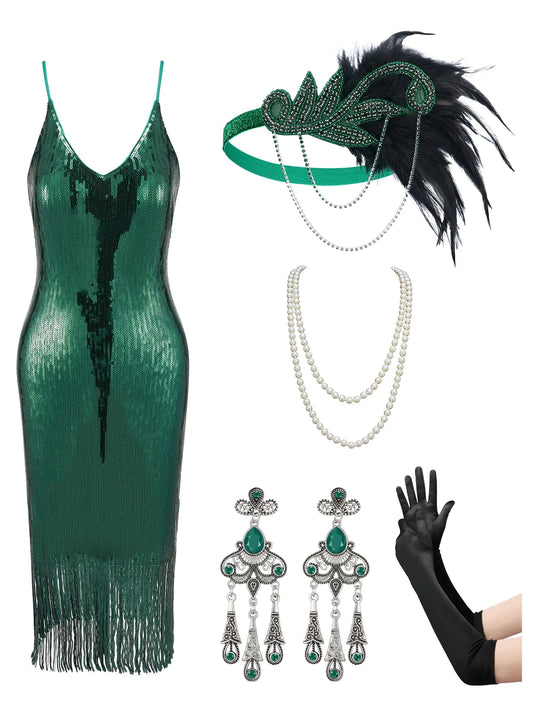 YESSA Flapper Dresses 1920s Gatsby Dresses for Women Roaring 20s Costumes Great Gatsby Outfits with 20s Accessories Set Malachite Green Small