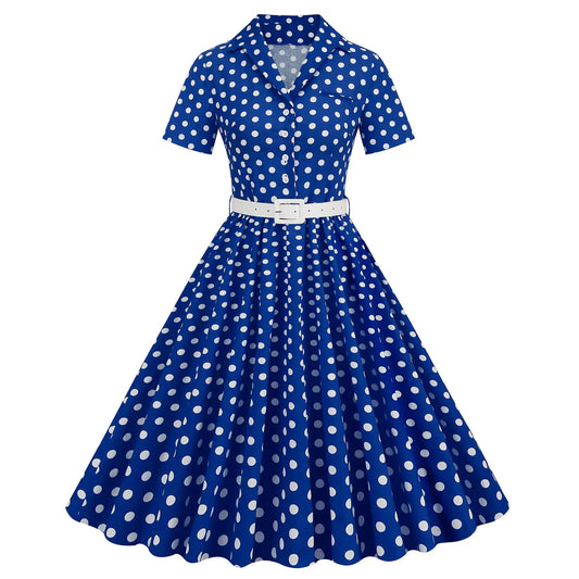 Vintage Dress for Women 1950s Polka Dot Dresses Retro Dresses Vestidos Mujer V Neck for Cocktail Prom Ball Tea Party Church Wedding 1960s Dresses A-Line Button Swing Dress Royal Blue Polka Dot XXL