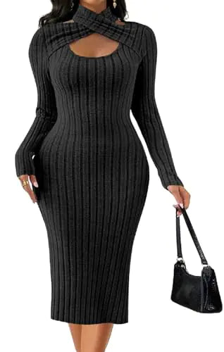 Women Bodycon Ribbed Sweater Dress Sexy Hollow Out Long Sleeve Black Stretchy Pullover Dresses
