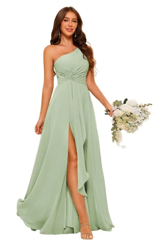 BEAUTFOR Sage Green Pleated Chiffon A Line One Shoulder Formal Party Dresses for Women Simple Long Bridesmaid Dresses for Wedding Plus Size 16