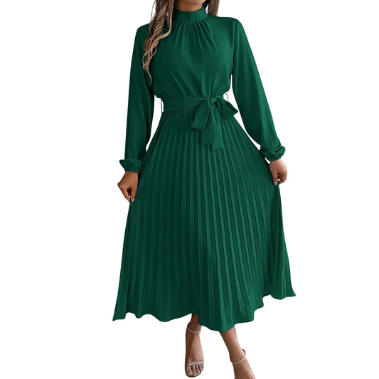 Generic Fall Dress Fall Dresses for Women 2024 Wedding Guest Bodycon Dresses for Women Womens Fashion Retro Solid Color Long Sleeve Waist Pleated Skirt Stand Collar Pullover Dress 01 Green X-large