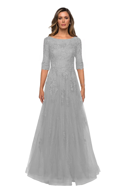 Clothfun Lace Mother of The Bride Dresses for Women Beaded Tulle A-line Formal Evening Dresses Long Silver 18 Plus Size