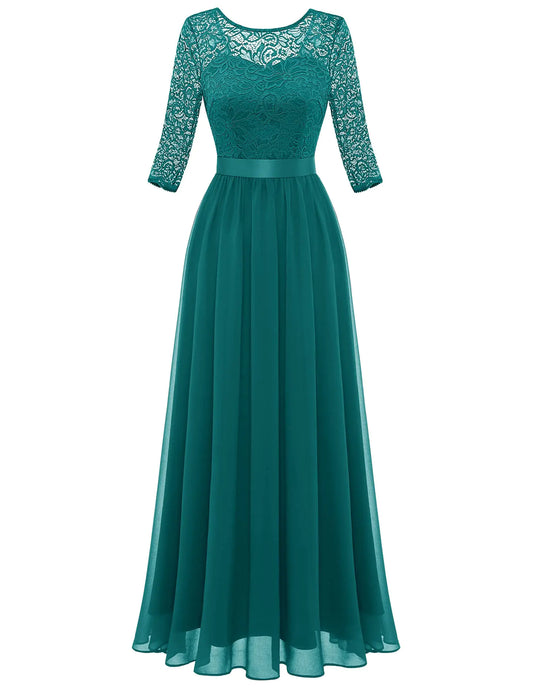 BeryLove Cocktail Dresses for Women Evening Party Vintage Long Sleeve Formal Dresses Elegant Floral Lace Maxi Dress Elegant Prom Dress for Wedding Guest Peacock Green M