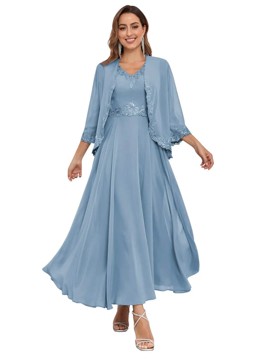 Bolodoo Dusty Blue Mother of The Bride Dresses with Jacket Sequin Lace Chiffon Two Piece Wedding Dresses for Women Size 12