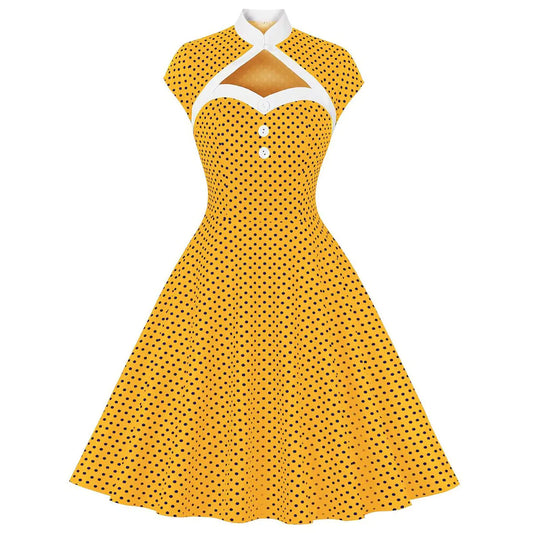 Women Polka Dot Retro Vintage Style Cocktail Party Swing Dress Buttons Hollow Out Vintage Dresses for Women 1950s Pinup Rockabilly Prom Dress Cap Sleeve 1960s 50s Style Dresses Yellow-Stand Collar M