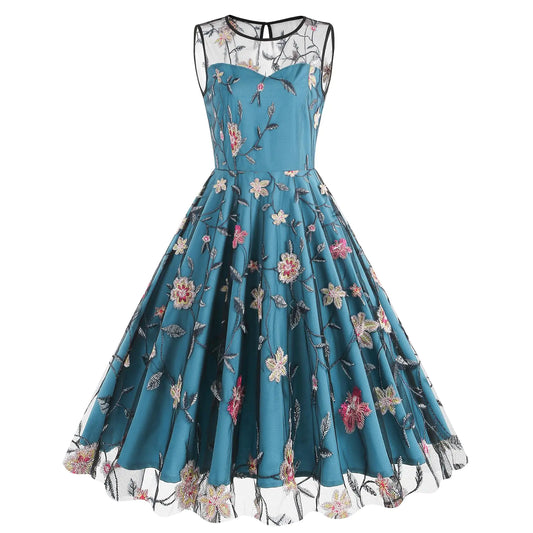 Floral Embroidery Tulle Dress for Women Sleeveless Floral Mesh Dresses Illusion Vintage Cocktail Swing Dress Vintage Flower Embroidered Tulle Evening Prom Dresses Peacock Blue Medium
