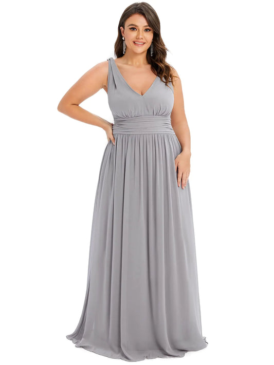 Ever-Pretty V Neck Sleeveless Pleated Chiffon Maxi Plus Size Formal Dresses for Women Bridesmaid Dresses Gray US26