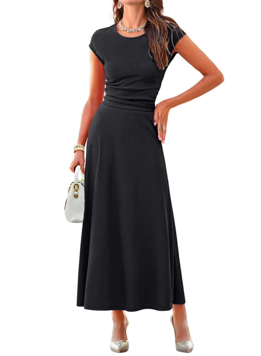 Dokotoo Black Dresses for Women 2025 2 Piece Skirt Sets Sexy Short Sleeve Casual Crewneck Ruched Knit Tops Summer A-Line Midi Knit Dress for Women Elegant Solid Color Prom Dresses Medium