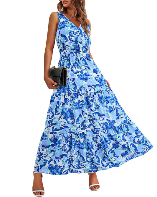 BTFBM Elegant Wedding Guest Dresses for Women Casual Sleeveless Summer Dresses 2024 Beach Long Dress for Vacation(Blue FlowerSmall)