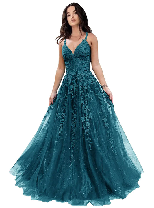 Glitter Tulle Prom Dresses Women Lace Appliques Long Ball Gwons with Spaghetti Straps A-Line Evening Dresses 2025 Peacock US8