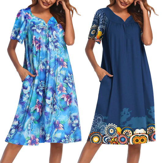 Ekouaer 2 Pack House Dresses for Women with Pockets Short Sleeve Moo Moos Floral Print Mumu Dresses