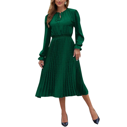 G&Y Womens Long Sleeve Swiss Dot Pleated A Line Flowy Dresses-2024 Fall V Neck Dresses for Women (DarkGreen S)